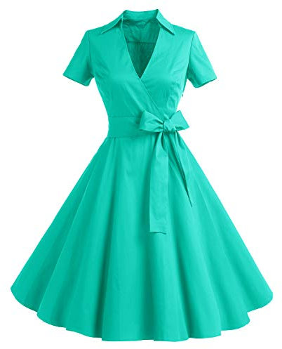 Timormode Damen Vintage Retro 1950er Cocktailkleid Rockabilly V-Ausschnitt Faltenrock Kleider Bleu XL