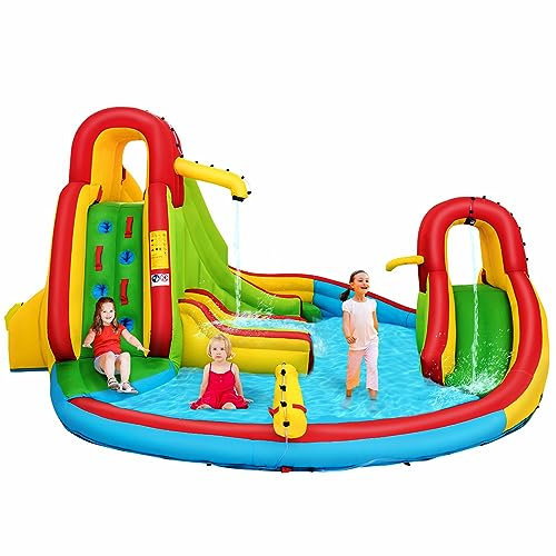 COSTWAY Castello Gonfiabile per Bambini, Con 2 Scivoli, Muro per Arrampicarsi e Piscina, Ideale Per 3 Bambini 3-10 Anni, Con Borsa di Trasporto e Kit di Riparazione