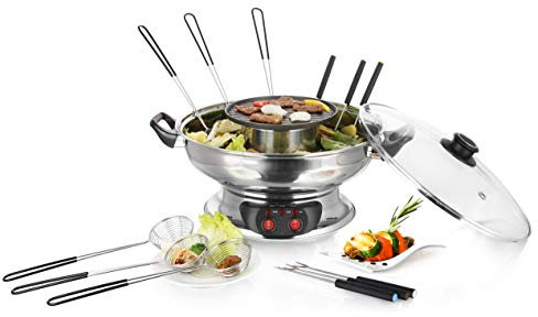 Emerio HPS-121313, Asia Brühe Fondue für Fisch-Fleich-Gemüse, inkl. Grillplatte und Glasdeckel, 4L Kapazität, 2 Heizstufen elektrischer Hot Pot Set, Edelstahl