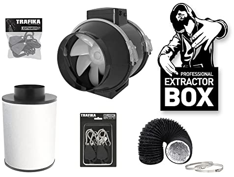 TRAFIKA Kit d'extraction air 150mm 690m³/h – Extracteur, filtre charbon, gaine flexible, colliers – Ventilation anti-odeur pour box de culture intérieure, tente ou serre de jardin