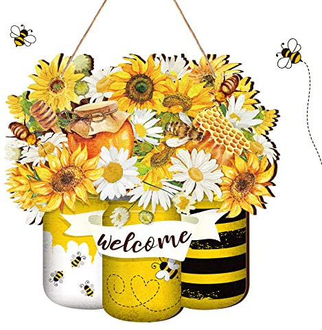 Spiareal Bee Welcome Yellow Hanging Front Door Summer Decorations for Home Hanger Wooden Sign Farmhouse Wall Bright Porch Decoration Art Wreaths for Front Door Outside All Season