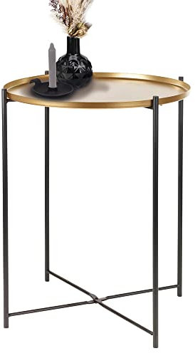 URBNLIVING Black and Gold Folding Metal Round Small Tray Side Sofa End TV Snack Table Top