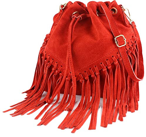 modamoda de - T239 - ital. Schultertasche Fransen Wildleder, Farbe:Signalrot