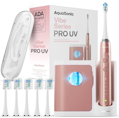 Aquasonic Vibe Series PRO – Ultra-Whitening Power Toothbrush – 5 Modes & Smart Timers – UV Sanitizing Base – ADA Accepted (Rose Gold)