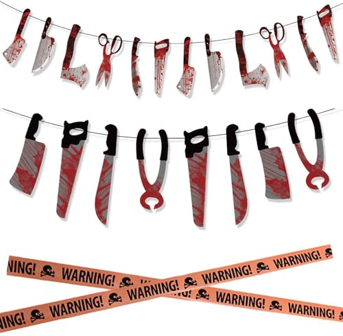 KALUROIL 3 PCS Decoración de Halloween para la casa - Kit de Adornos de Terror con Cuchillos, Sierras y Tijeras - Accesorios para Puertas y Exteriores - Banner de Halloween