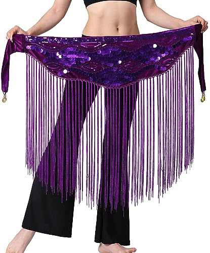 SEAUR Damas Danza del Vientre Pañuelo Lentejuelas Flecos Cinturón Envolvente Latino Danza Brillo Cinturón Falda Cintura Rumba Chacha Borla Falda de Baile, B01#purple, Talla única