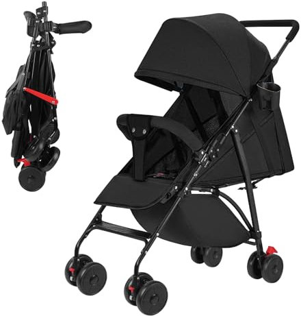 Sinbide Kinderwagen, Kinder Buggy, Zusammenklappen mit einer Hand, Kinderbuggy mit Liegefunktion, Fußstützen, Atmungsaktive Netze und Vorzelte, Rückenlehne mit hartem Kissen, Hinterrad mit Fußbremse