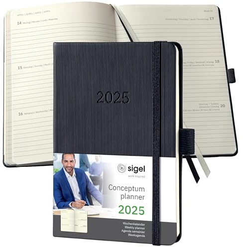 Sigel C2513 Mötesplanerare Veckokalender 2025, Ca A6, Svart, Inbunden, 176 Sidor, Resårband, Pennögla, Arkivväska, Tillverkad av Hållbart Papper, Conceptum.