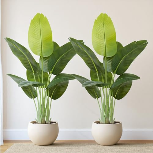 Keeplush Artificial Bird of Paradise Plant Outdoor 120CM Fake Tropical Banana Tree with 9 Leaves-Perfect Faux Plants for Indoor, Floor Plant in Pot for Home Decor in Living Room Office Bedroom (2PCS)
