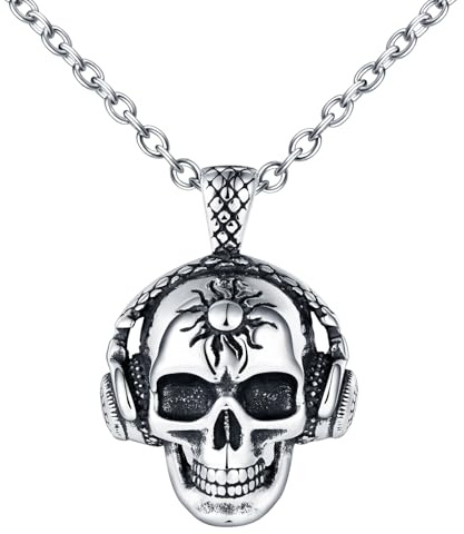 INFINIONLY Collier Pendentif Fantôme en Acier Inoxydable pour Hommes Punk Pendentif Tête de Mort Vintage Collier Halloween HipHop Bijoux Fantaisie Adolescents Accessoires Décoration
