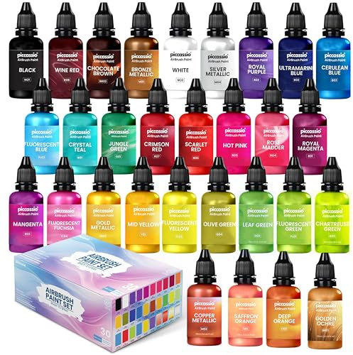 Piccassio Airbrush färgset, 30 färger, vattenbaserad, snabbtorkande luftborstmålningsset för konstnärer och nybörjare, idealisk luftborstfärg för trä, keramik, papper, gips, duk, plast