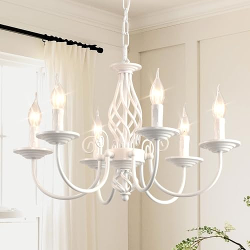 JIINOO Lámpara de Araña Blanca de Metal, 6 Luces, Estilo Campestre Francés