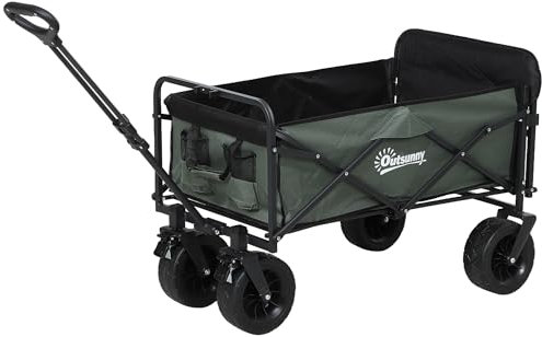 Outsunny Carrello da Giardino da 95L con 4 Ruote, Carrello Spiaggia Pieghevole in Acciaio e Tessuto Oxford con Borsa da Trasporto Lavabile, 2 Tasca Portaoggetti e Maniglia Girevole e Regolabile, Verde