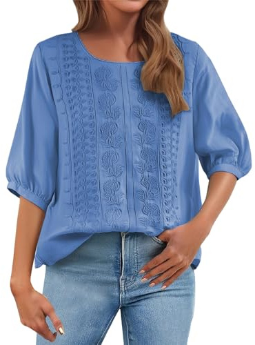 Angxiwan Tops for Women UK Clearance Linen Shirts for Women UK Casual Loose Fit Short Sleeve Tunic Tops Retro Floral Embroidery Jacquard Linen Blouse Solid Color Holiday Essentials C Blue