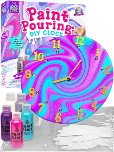Paint Pouring Clock Kit for Kids Ages 6-12 - Complete Craft Set with Paints Stickers Tools, Arts and Crafts for Kids, Birthday Gift for Girls Boys, Craft Kits Presents Idea (Stardust Sorbet)