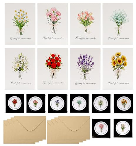Weniubit 8 juegos de tarjetas de agradecimiento florales a granel, 8 tarjetas de agradecimiento con 8 sobres y 8 calcomanías, 8 temáticas de flores, juego de tarjetas de felicitación florales para