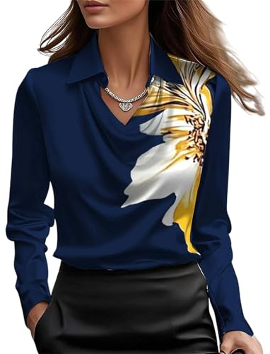 MorFansi Damen Satin Bluse Wasserfallkragen Elegante Oberteile Langarm Seide Hemdbluse Arbeitshemd Business Langarmshirt (Marineblaue Blume,XXL)