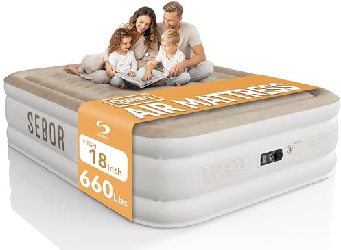 Sebor Queen Air Mattress with Built-in Pump, 18 Raised Blow Up Bed, 800 lb