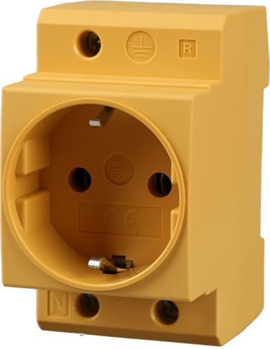 Offgridtec Schuko väggkontakt för DIN-skena 16 A 230 V 2P+E - inbyggd väggkontakt för distributionsskåp, väggskåp, mätarskåp, jordad kontakt för 35 mm DIN bärskenamonteringsfäste (4 st, gul)