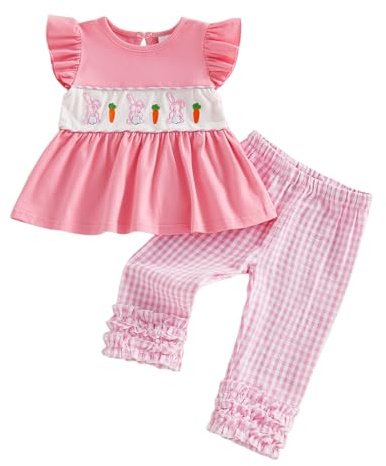 MAHUAOYIXI Toddler Baby Girls Easter Outfits Bunny Carrot Embroidery Flying Sleeve Tops T-shirts with Elastic Waist Plaid Pants 2Pcs Set Baby Clothes for Girls