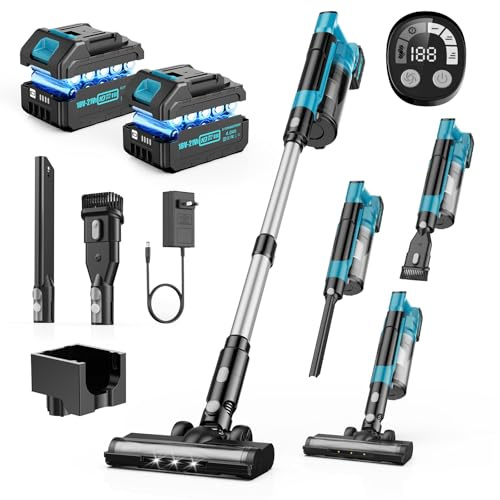 60 Kpa Aspiradora Sin Cable,700W/70Mins Escoba Aspiradora Sin Cable con Baterías Desmontables de 2*4,0Ah,Cepillo Anti-Enredo,Pantalla LED,2L Aspirador Inalámbrico para Mascotas/Alfombras/Suelos Duros