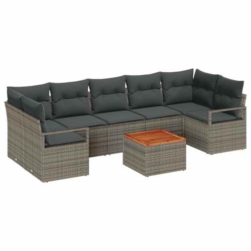 Qnhdfrt Set di divani da giardino da 8 pezzi con vano portaoggetti, gruppo lounge modulare in polyrattan e legno di acacia, comodo gruppo di sedute per terrazza e giardino, grigio