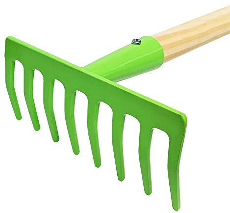 Kindergartengeräte 1 von 8, Kinder Garten Werkzeuge Geräte Schaufel, Besen, Rechen, Laubbesen, Harke, Grubber, Doppelhacke, Spaten, Metall mit Holzstiel (Harke grün)