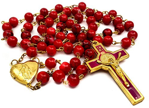 Nazareth Store Rote Korallenperlen Rosenkranz Halskette Katholischer Heiliger Benedikt Rosenkranz Herz Medaillon Medaille & Kreuz Religiöses Amulett für Frauen und Männer - Samttasche