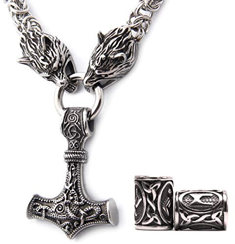 GUNGNEER Thor Hammer Pendant Viking Mjolnir Necklace for Men with Wolf Head King Chain, Stainless Steel, 2 Rune Beads Gift