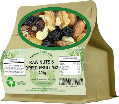 Natural Health 4 Life Snack nuts, Raw Mixed Nuts and Dried Fruit 300 grams (1 Kraft Pouch)