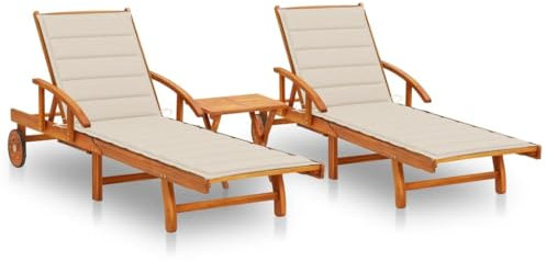 vidaXL 2X Akazienholz Massiv Sonnenliege mit Tisch Auflagen Gartenliege Holzliege Relaxliege Saunaliege Freizeitliege Strandliege Gartenmöbel Liege