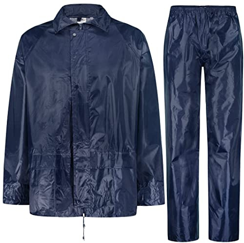 BWOLF Himalaya Combinaison de pluie à manches longues imperméable avec taille élastique Veste à capuche pour homme Veste de pluie + pantalon de pluie 2 poches, bleu, M