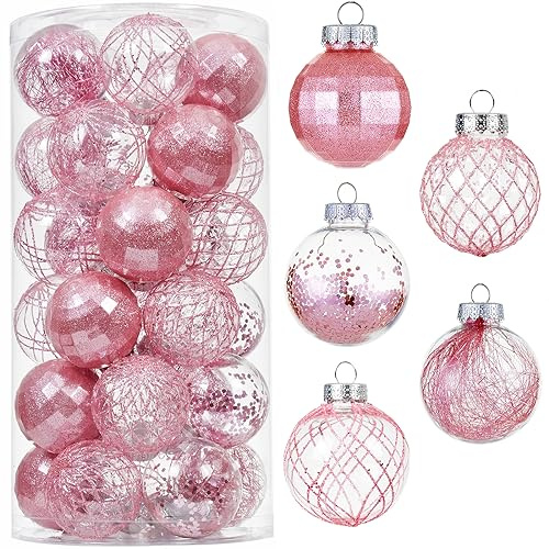 CristBest 30ct Christmas Ball Ornaments-60mm/2.36 Shatterproof Clear Plastic Xmas Balls Baubles Set with Stuffed Delicate Sparkling, Hanging Christmas Tree Decorations(Pink)