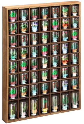 Barydat Shot Glass Display Case Wood Shot Glass shelf holder 56 Compartments Wall-mounted Rustic Bar Cabinet(Brown,1 Pcs)