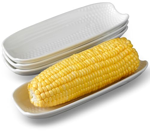 Cinf Ceramic Corn Cob Holders 8.8 Corn Dishes Set of 4, White Dishes Non-slip Bottom Microwave Dishwasher Oven Safe