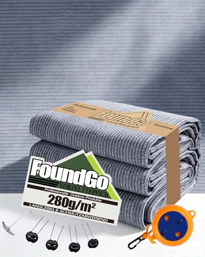 FoundGo Tappeto da terra per campeggio con occhielli 300x500cm [280g/m² HDPE] Tappeto per camper da esterno con borsa da trasporto, 8 picchetti e corda per stendere retrattile, Blu/Grigio