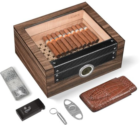 Volenx Humidor per Sigari, Humidor in Legno di Cedro Spagnolo per 70 Sigari, Scatola per Sigari fatta a Mano con Igrometro Digitale, Umidificatore, Coperchio in Vetro, Regali per gli Amanti dei Sigari