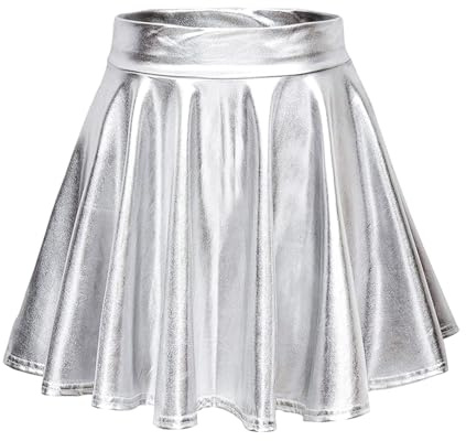 Aurasky Falda Metálica Plata, Metálico Brillante Minifalda, Faldas Mujer Elástica Plisada, Patinador Acampanada para Carnaval Fiesta Cosplay