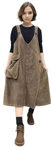 LAEMILIA Robe générale en velours côtelé avec col en V pour femme, robe salopette midi pour l'automne et l'hiver avec grandes poches, grande taille M-5XL, marron, XXL