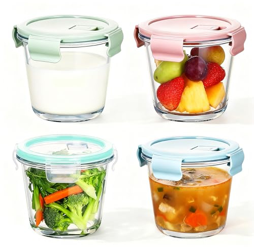 NBBENG Overnight Oats Jar Container, Glass Mason Jars with Lids, Cereal Milk Vegetable Fruit Salad Jam Protein porridge Clear Storage Containers, Breakfast Pots with Lid, 4 Colors (4-Pack 700ml)