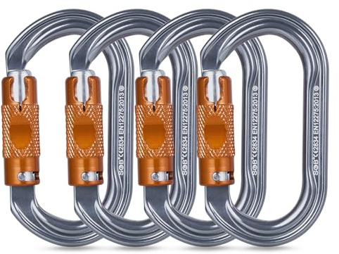 Mosquetones de Bloqueo, Mosquetones de Escalada Mosquetón de Trabajo Pesado para Camping, Hamacas, Columpio, Llavero (Plateado, RM33ATL-4pack)