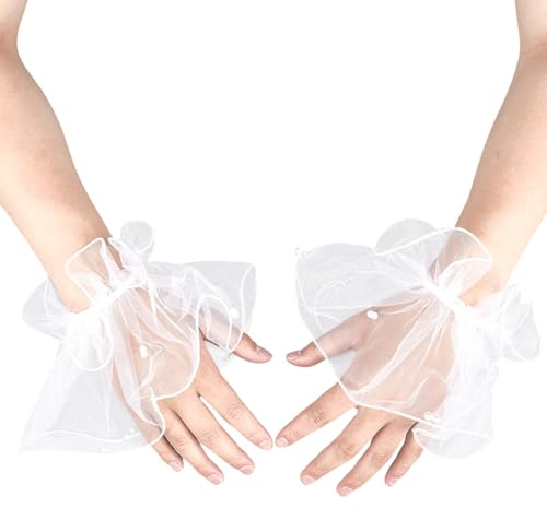 GORGECRAFT 2pz Guantes Cortos de Encaje de Gasa Perlada con Puños de Muñeca Mangas Sin Dedos con Volantes Pulsera Elástica Sexy Accesorio de Bisutería Bodas Mascaradas Fiestas de Té Halloween Cosplay