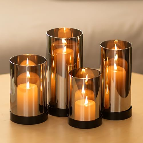Hewory Lot de 4 photophores en verre noir - Décoration de table - Moderne - En métal - Pour le jardin et l'extérieur - Cylindre en verre pour bougies