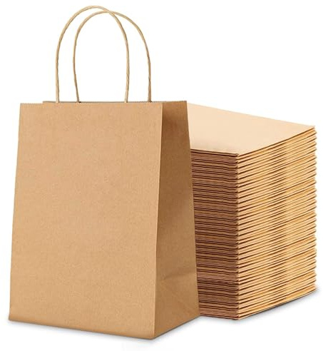 50 Pcs Brown Kraft Paper Bags with Handles - 18x24x8cm Multi-Use Gift Bags 130GSM | For Retail Shopping, Birthday Gifts, Wedding Favors, Easter Baskets, Christmas Packaging & Bakery Treats