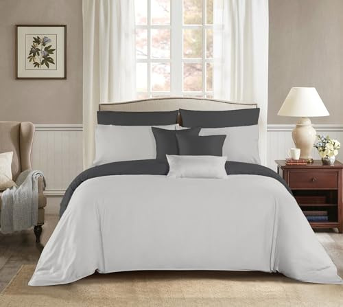 Etrexonline Juego de Funda Nórdica 4 Piezas Cama 150 - Reversible Doble Color - Microfibra Suave - 1 Funda Edredón 220x240 cm, 1 Bajera 150x200 cm y 2 Funda Almohada 50x75 cm (Gris y Gris Osculo)