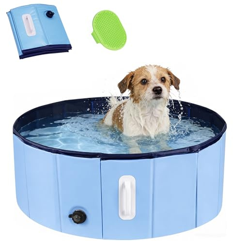 DEWEL Piscina Pieghevole per Cani Rotonda Blu/Bianco Ø 80 x Altezza 30 cm, Stabile con Struttura in MDF Rinforzato da 5 mm, per Cani di Piccola Taglia, Ideale per Rinfrescare e Giocare in Acqua