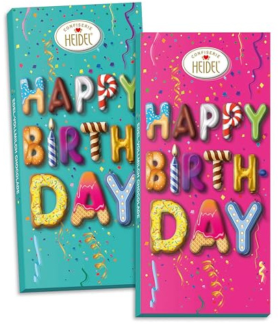 Heidel Happy Birthday 3D Choco-Grüße, 2x100g Tafelschokolade, Süßigkeit zum Geburtstag mit Edel-Vollmilchschokolade, einzeln verpackt