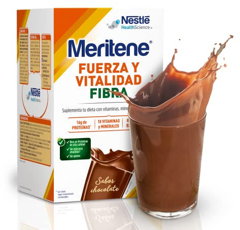 Meritene, Fuerza y Vitalidad Fibra, Sabor Chocolate, Fuerza para tus Músculos, Vitalidad para ti, Solución Nutricional Adultos con Fibra, Proteínas, Vitaminas y Minerales, 14 Sobres, 490 gr