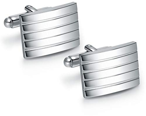 PiercingJ 2 st manschettknappar för män silver rostfritt stål klassiska manschettknappar för män randiga manschettknappar för kostym skjorta bröllop affärer examen gåva e rostfritt stål, colore: Silvery Square With Horizontal Stripes, cod. AXUK080026
