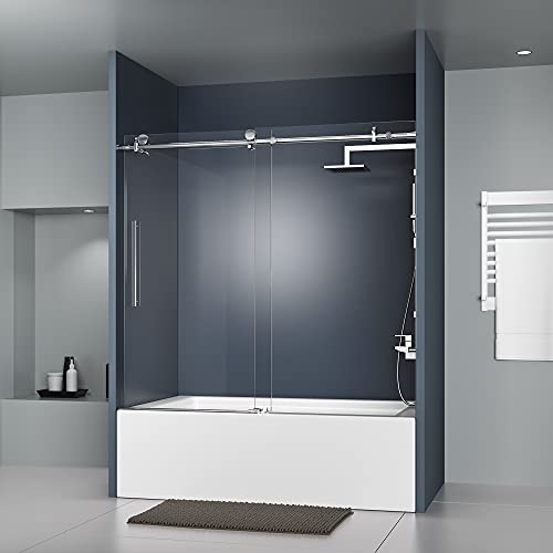 DELAVIN Frameless Tub Shower Door, 56-60 W x 59 H Bathtub Door, SGCC Certified Clear Tempered Glass with Explosion-Proof Film, Easy to Clean, Stainless Steel Guide Rail, Sliver